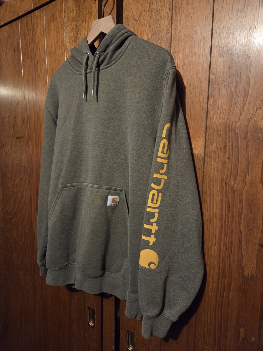 Carhartt Olive Green Pullover Hoodie with Yellow Sleeve Logo